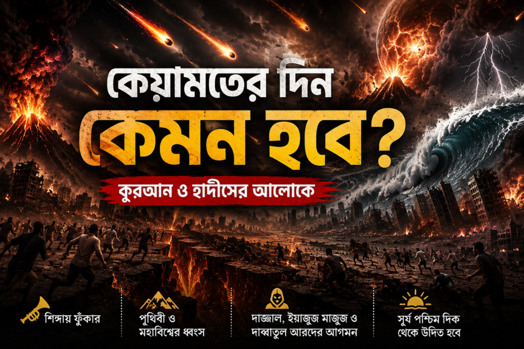 কিয়ামতের দিন পৃথিবী ও মহাবিশ্বের কী হবে? শিঙায় ফুৎকারের পর কী ঘটবে? কিয়ামতের ছোট ও বড় নিদর্শনগুলোর মধ্যে দাজ্জাল, মাহদী, ইয়াজুজ-মাজুজ, দাব্বাতুল আরদ, ঈসা (আঃ), দুখান এবং সূর্য পশ্চিম দিক থেকে উদিত হওয়ার বিষয়গুলো নিয়ে বিস্তারিত আলোচনা।